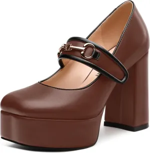 JUSTDANNI Women's Mary Jane Heels Platform High Chunky Heel Square Closed Toe Pumps Comfortable Single Strap Dress Shoes for Wedding Party Office
