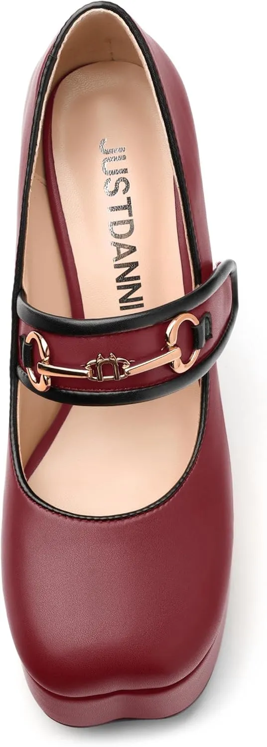 JUSTDANNI Women's Mary Jane Heels Platform High Chunky Heel Square Closed Toe Pumps Comfortable Single Strap Dress Shoes for Wedding Party Office