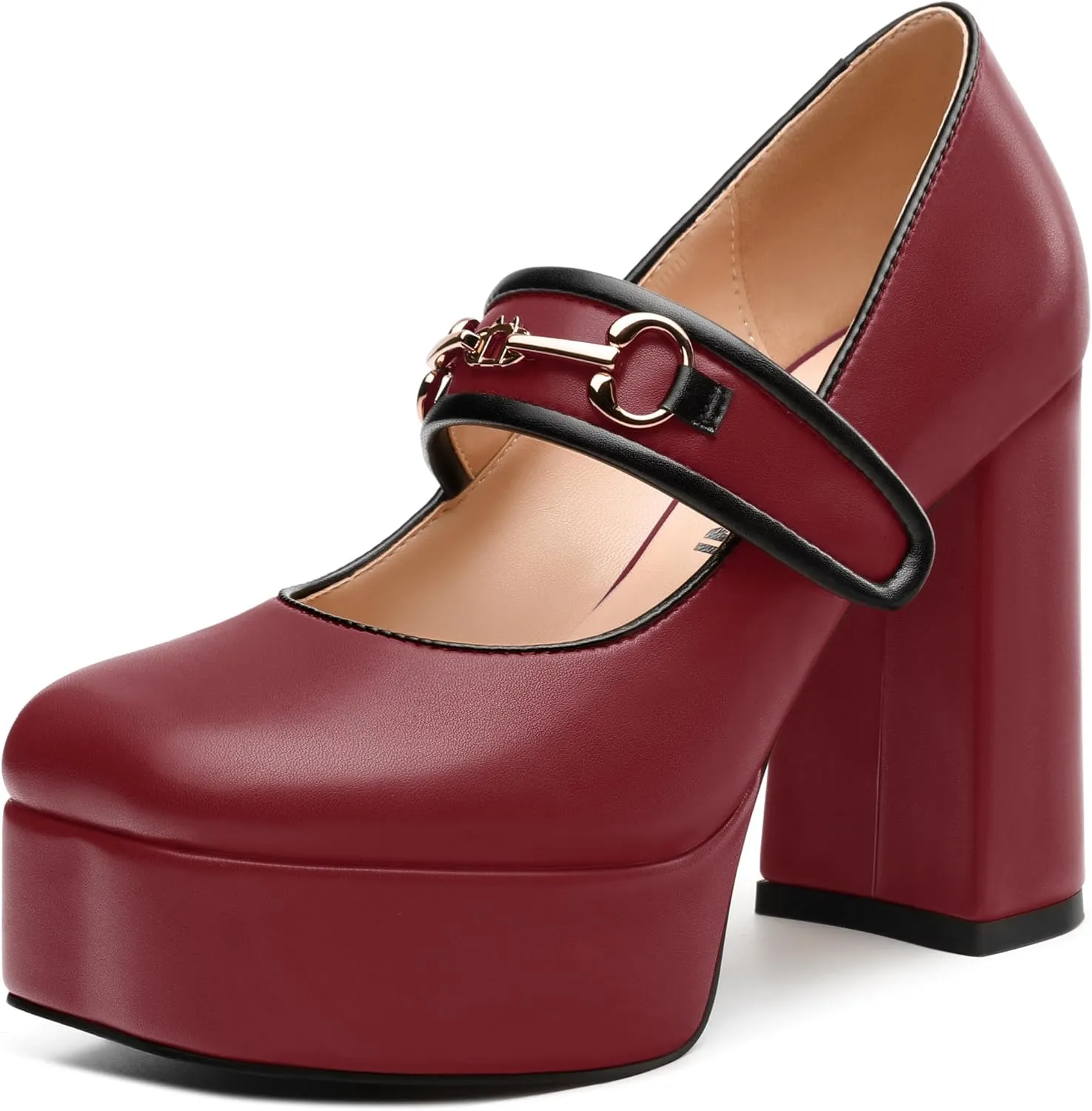 JUSTDANNI Women's Mary Jane Heels Platform High Chunky Heel Square Closed Toe Pumps Comfortable Single Strap Dress Shoes for Wedding Party Office