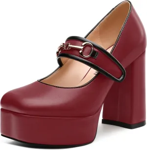 JUSTDANNI Women's Mary Jane Heels Platform High Chunky Heel Square Closed Toe Pumps Comfortable Single Strap Dress Shoes for Wedding Party Office