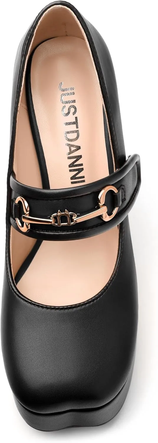 JUSTDANNI Women's Mary Jane Heels Platform High Chunky Heel Square Closed Toe Pumps Comfortable Single Strap Dress Shoes for Wedding Party Office
