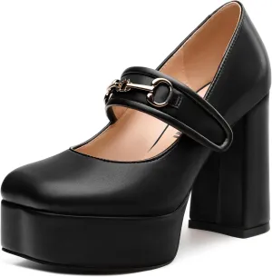 JUSTDANNI Women's Mary Jane Heels Platform High Chunky Heel Square Closed Toe Pumps Comfortable Single Strap Dress Shoes for Wedding Party Office