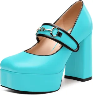 JUSTDANNI Women's Mary Jane Heels Platform High Chunky Heel Square Closed Toe Pumps Comfortable Single Strap Dress Shoes for Wedding Party Office