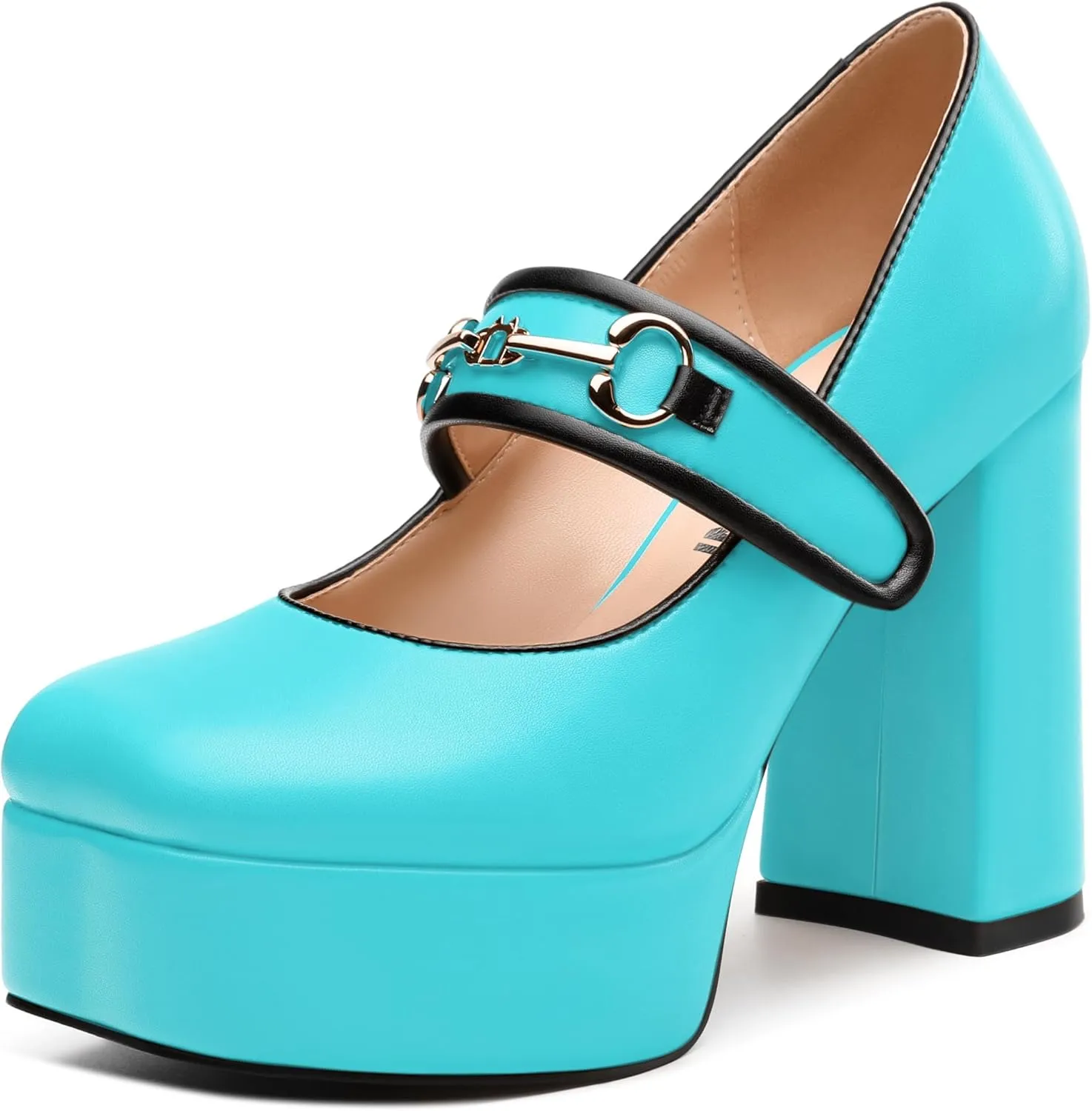 JUSTDANNI Women's Mary Jane Heels Platform High Chunky Heel Square Closed Toe Pumps Comfortable Single Strap Dress Shoes for Wedding Party Office