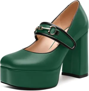 JUSTDANNI Women's Mary Jane Heels Platform High Chunky Heel Square Closed Toe Pumps Comfortable Single Strap Dress Shoes for Wedding Party Office