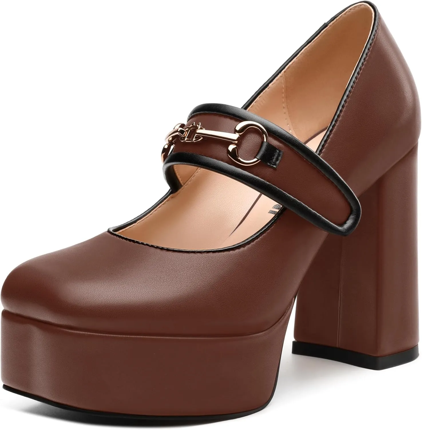 JUSTDANNI Women's Mary Jane Heels Platform High Chunky Heel Square Closed Toe Pumps Comfortable Single Strap Dress Shoes for Wedding Party Office