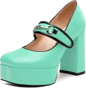 JUSTDANNI Women's Mary Jane Heels Platform High Chunky Heel Square Closed Toe Pumps Comfortable Single Strap Dress Shoes for Wedding Party Office