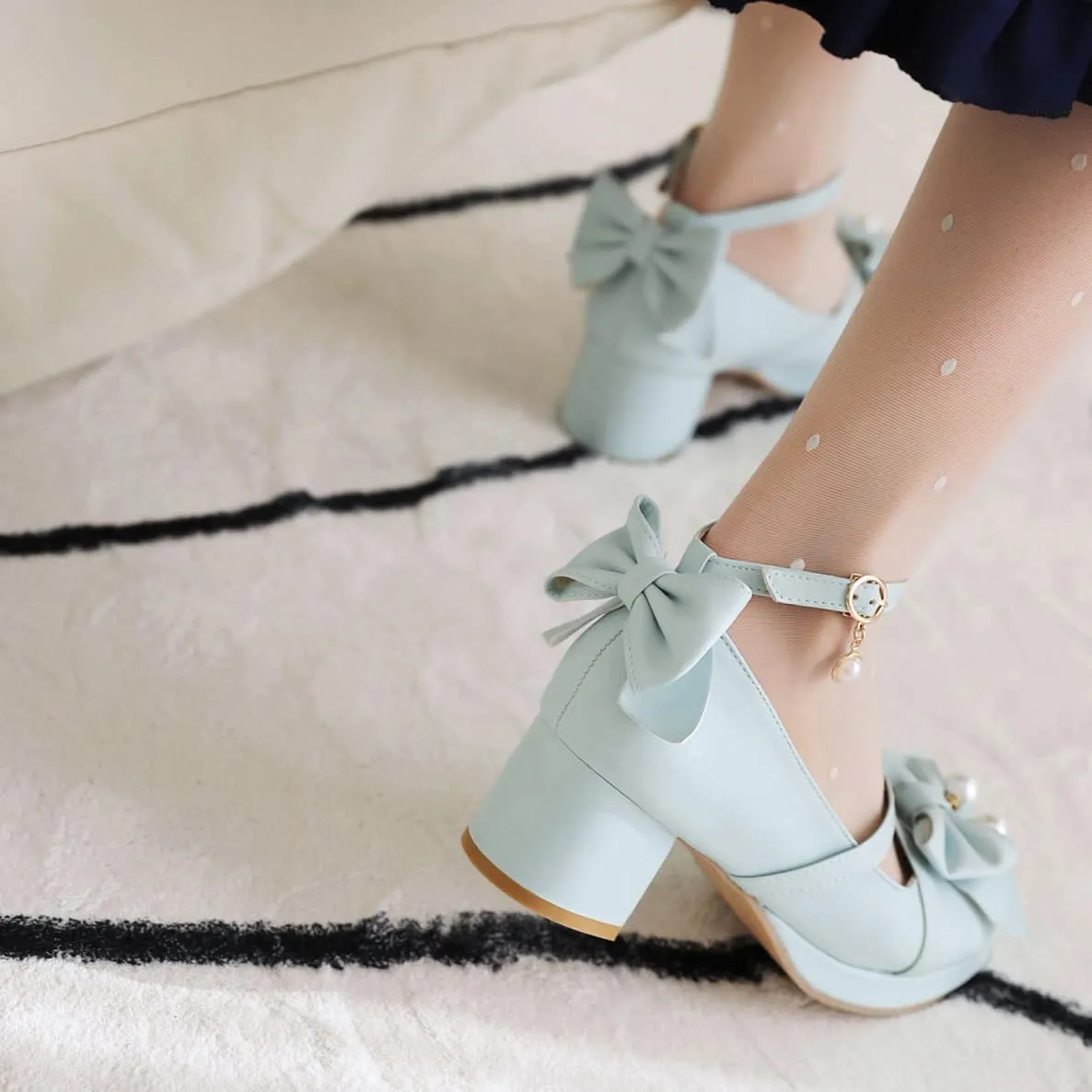 Kawaii Platform Shoes Mary Jane Chunky Heel Bowknot Ankle Strap Round Toe Mid Heel Pumps for Women Cute Closed Toe Strappy Dress Goth Shoes