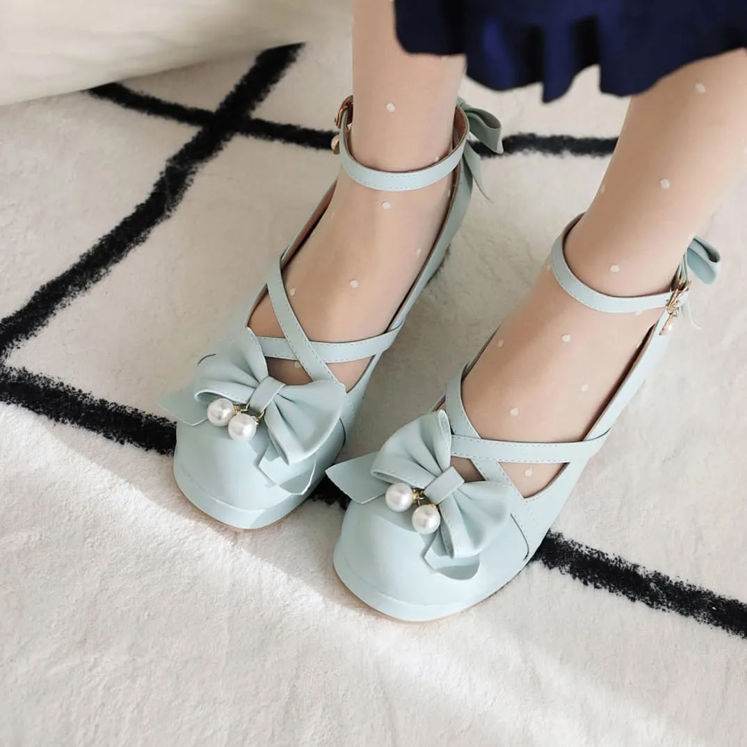 Kawaii Platform Shoes Mary Jane Chunky Heel Bowknot Ankle Strap Round Toe Mid Heel Pumps for Women Cute Closed Toe Strappy Dress Goth Shoes