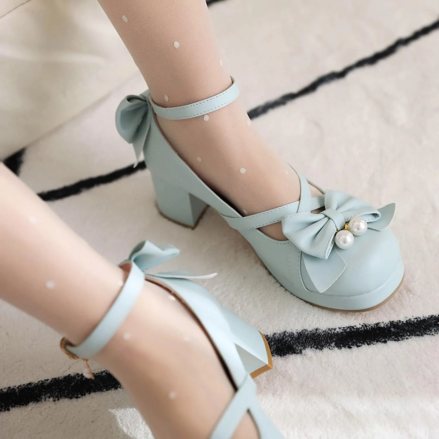 Kawaii Platform Shoes Mary Jane Chunky Heel Bowknot Ankle Strap Round Toe Mid Heel Pumps for Women Cute Closed Toe Strappy Dress Goth Shoes