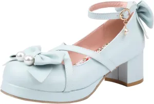 Kawaii Platform Shoes Mary Jane Chunky Heel Bowknot Ankle Strap Round Toe Mid Heel Pumps for Women Cute Closed Toe Strappy Dress Goth Shoes