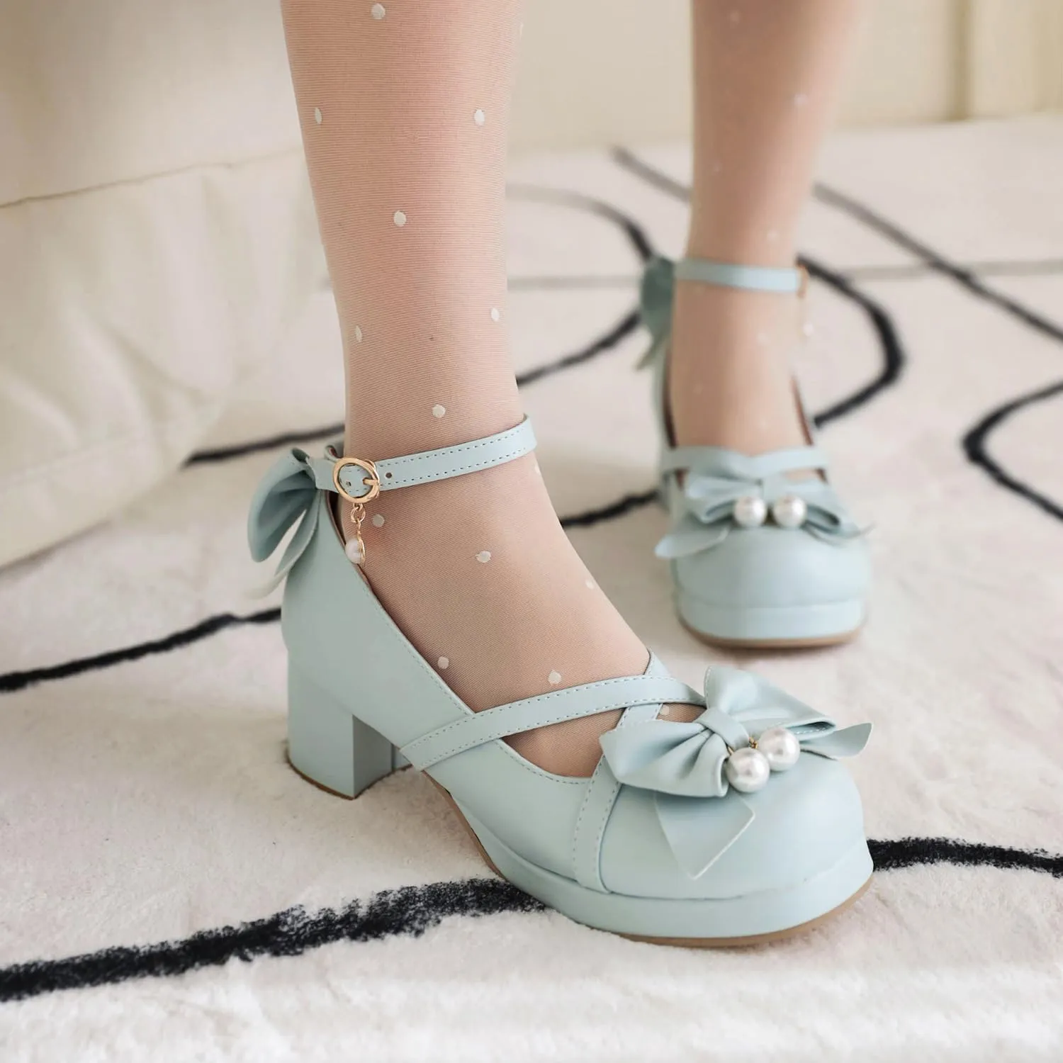 Kawaii Platform Shoes Mary Jane Chunky Heel Bowknot Ankle Strap Round Toe Mid Heel Pumps for Women Cute Closed Toe Strappy Dress Goth Shoes