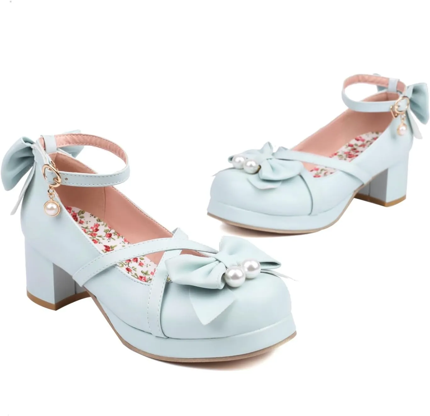 Kawaii Platform Shoes Mary Jane Chunky Heel Bowknot Ankle Strap Round Toe Mid Heel Pumps for Women Cute Closed Toe Strappy Dress Goth Shoes