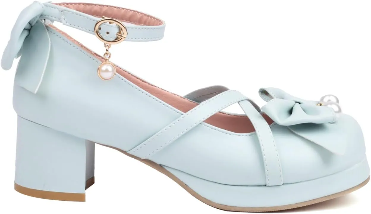 Kawaii Platform Shoes Mary Jane Chunky Heel Bowknot Ankle Strap Round Toe Mid Heel Pumps for Women Cute Closed Toe Strappy Dress Goth Shoes