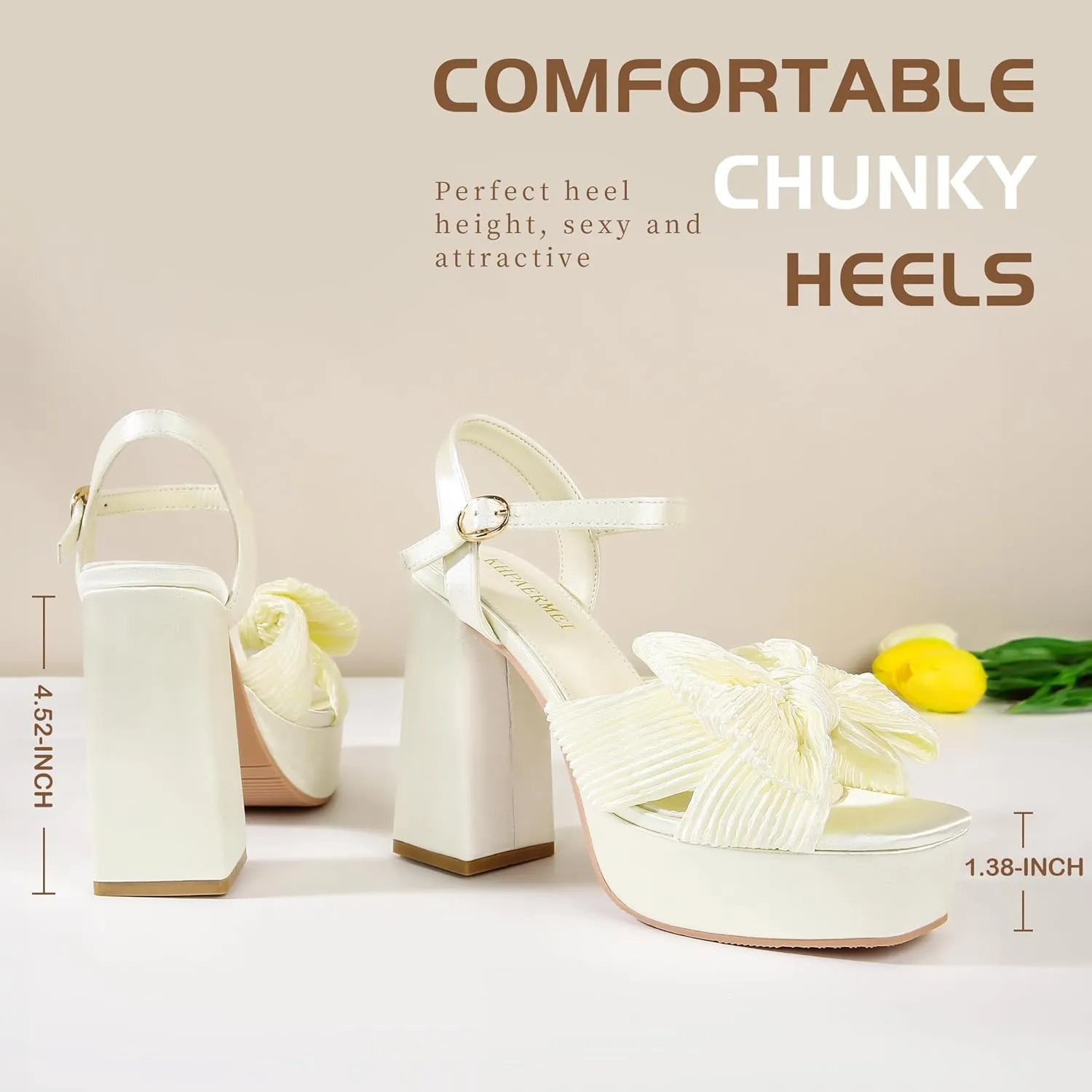KHPAERMEI Bow Knot Platform Heels for Women Fashion Open Toe Chunky Heeled Sandals Ankle Strap Wedding Party Dress High Heels