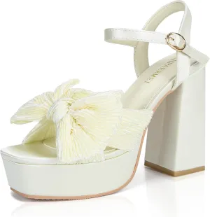 KHPAERMEI Bow Knot Platform Heels for Women Fashion Open Toe Chunky Heeled Sandals Ankle Strap Wedding Party Dress High Heels