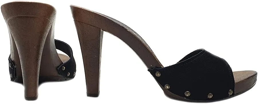 Kiara Shoes Italian Clog with Brown Base and Suede Upper - K22901 CAM Nero