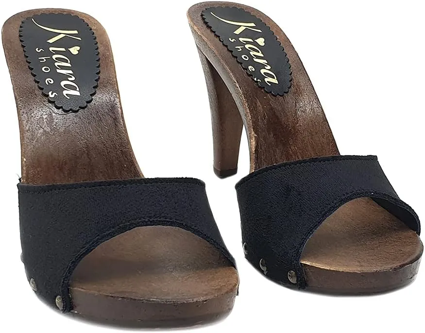 Kiara Shoes Italian Clog with Brown Base and Suede Upper - K22901 CAM Nero