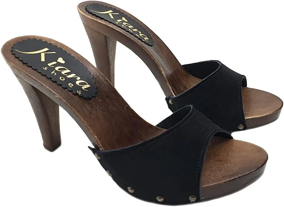 Kiara Shoes Italian Clog with Brown Base and Suede Upper - K22901 CAM Nero
