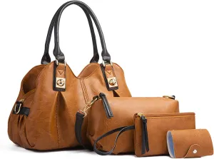 KingTo 4pcs Purses Retro Tote Handbags for Women Stylish Shoulder Bags Soft Top Handle Satchel Set