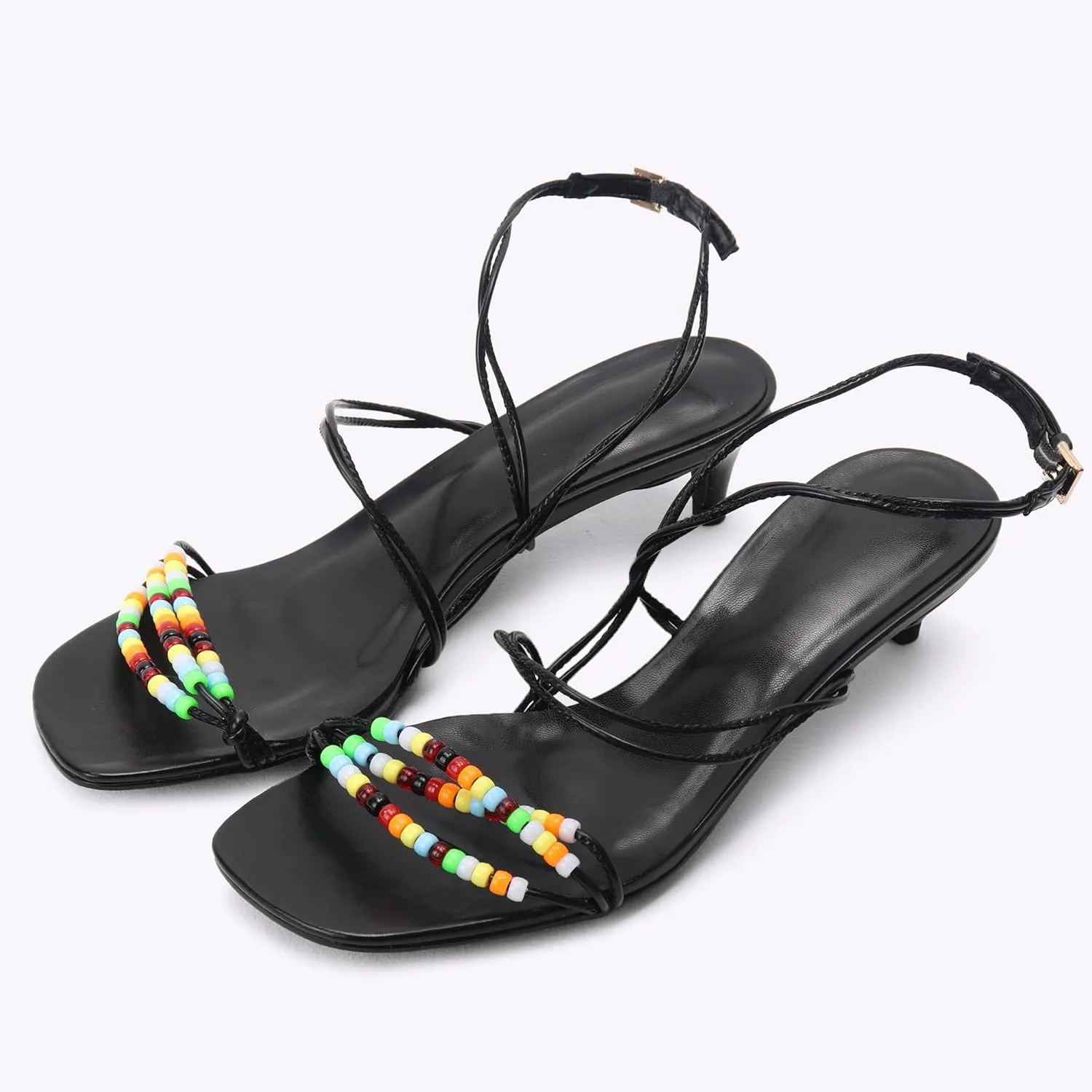 Kitten Heel Sandals for Women Ankle Strap Strappy Beaded Peral Mid Heel Round Open Toe Casual Vacation Beach Daily Shoes