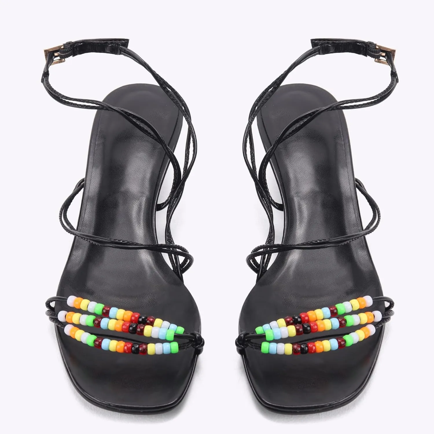 Kitten Heel Sandals for Women Ankle Strap Strappy Beaded Peral Mid Heel Round Open Toe Casual Vacation Beach Daily Shoes