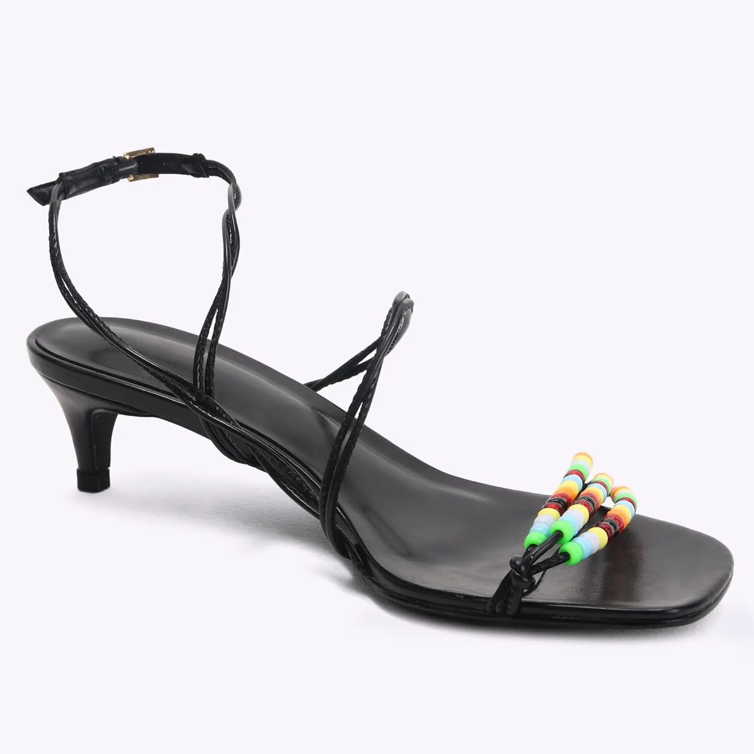 Kitten Heel Sandals for Women Ankle Strap Strappy Beaded Peral Mid Heel Round Open Toe Casual Vacation Beach Daily Shoes
