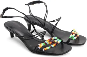 Kitten Heel Sandals for Women Ankle Strap Strappy Beaded Peral Mid Heel Round Open Toe Casual Vacation Beach Daily Shoes
