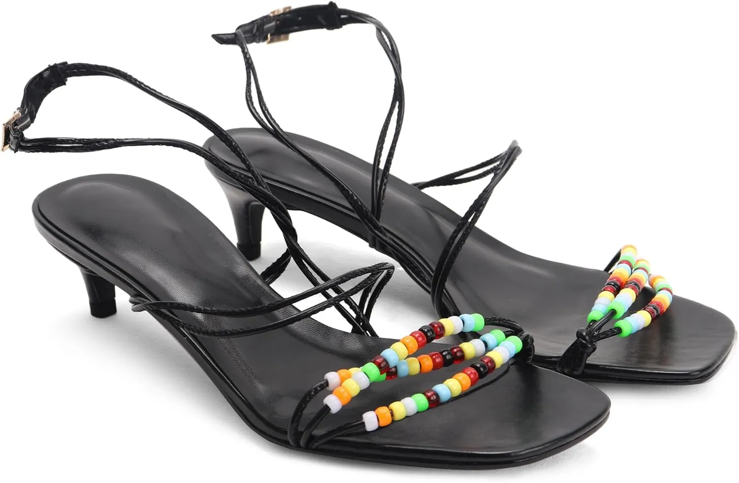 Kitten Heel Sandals for Women Ankle Strap Strappy Beaded Peral Mid Heel Round Open Toe Casual Vacation Beach Daily Shoes