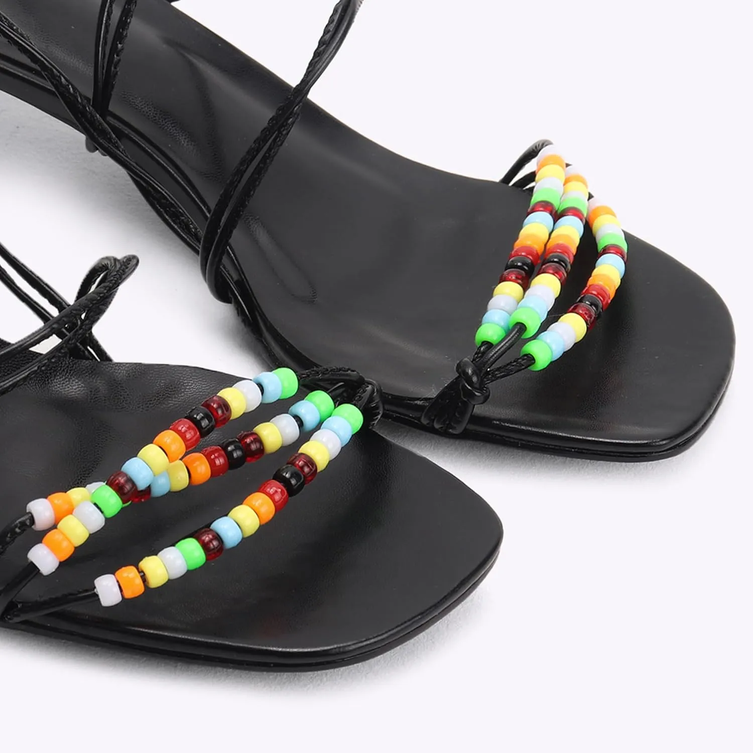 Kitten Heel Sandals for Women Ankle Strap Strappy Beaded Peral Mid Heel Round Open Toe Casual Vacation Beach Daily Shoes