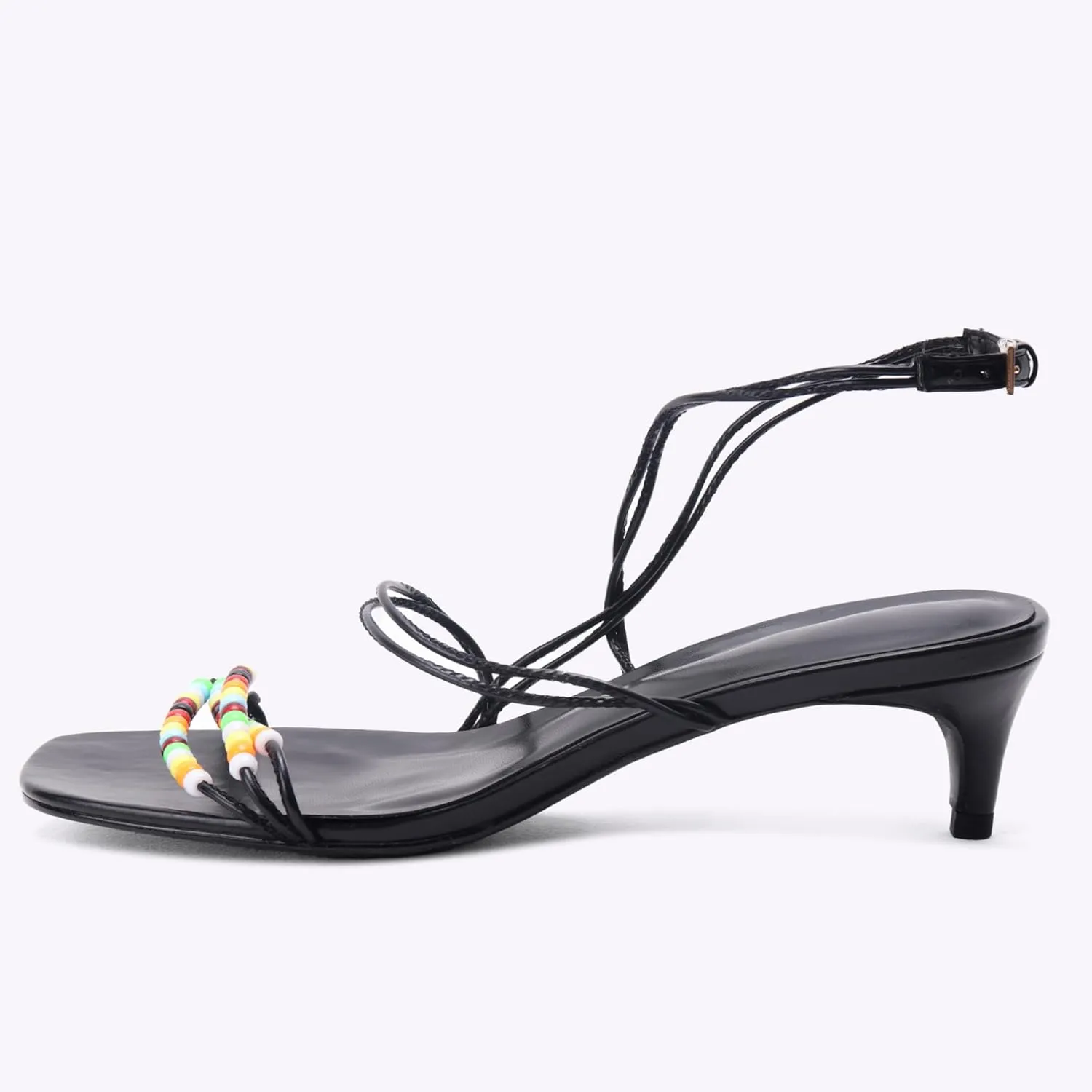 Kitten Heel Sandals for Women Ankle Strap Strappy Beaded Peral Mid Heel Round Open Toe Casual Vacation Beach Daily Shoes