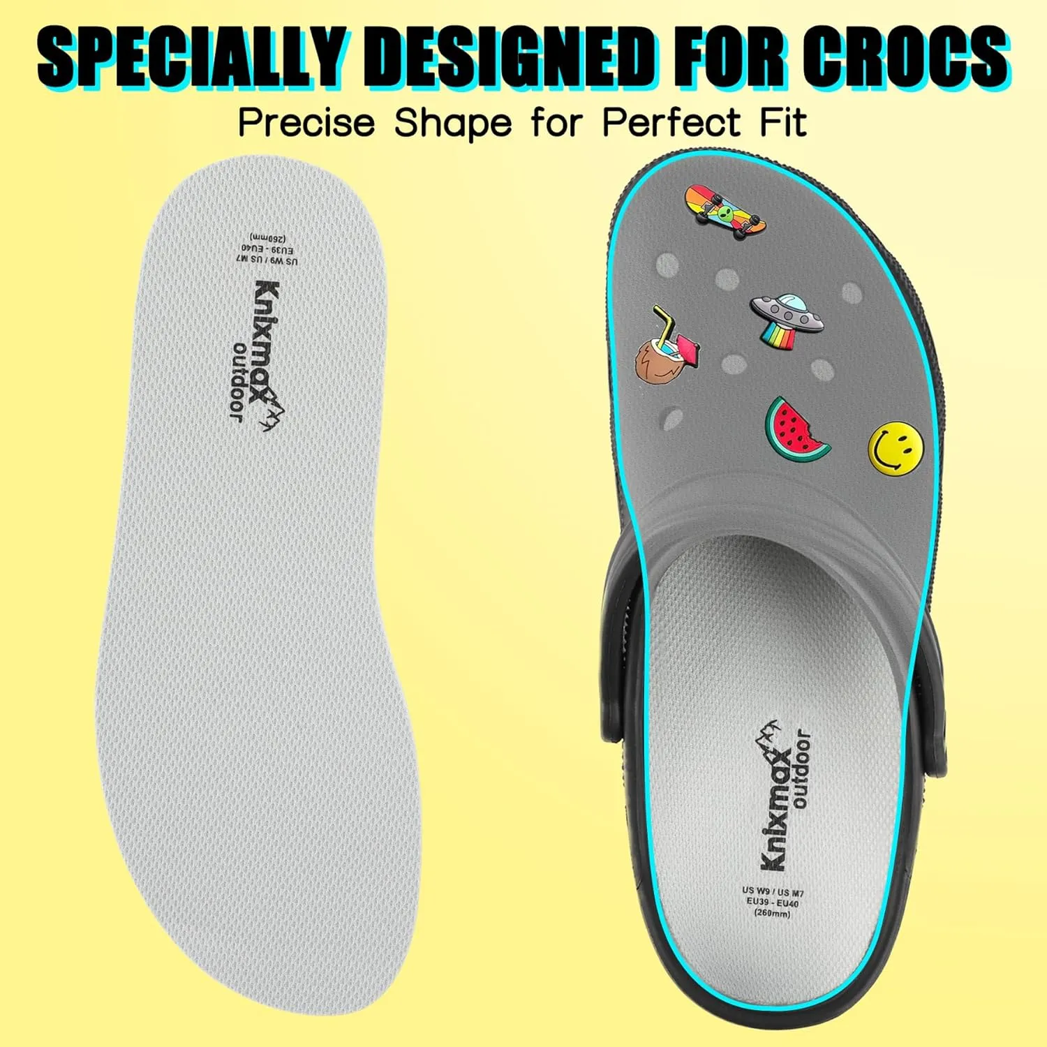 Knixmax 2 Pairs Insoles for Crocs Clog, Comfort Thin Replacement Innersoles for Men Women, Wide Fit Shoe Inserts for Garden Shoes Sneakers Flats Water Sandals Nurse Clogs