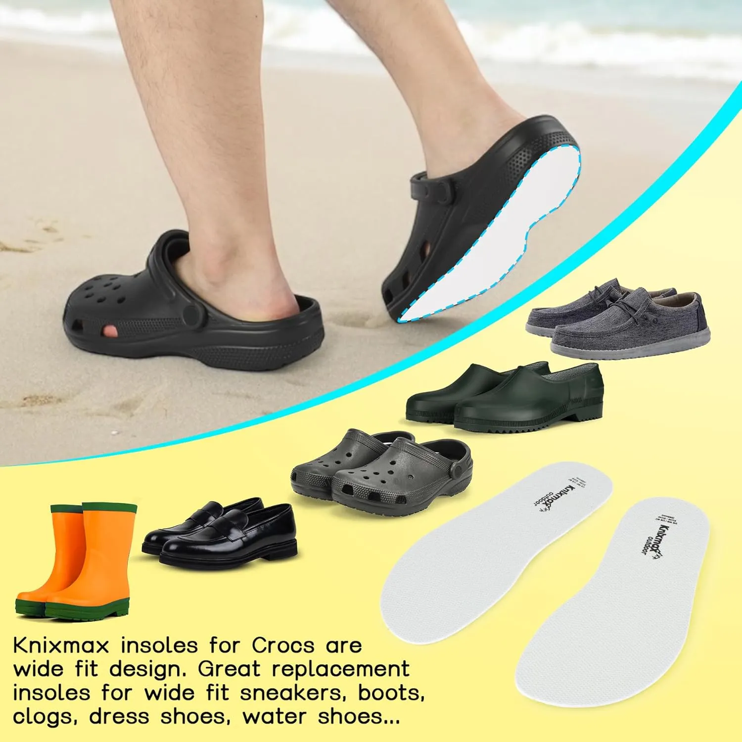 Knixmax 2 Pairs Insoles for Crocs Clog, Comfort Thin Replacement Innersoles for Men Women, Wide Fit Shoe Inserts for Garden Shoes Sneakers Flats Water Sandals Nurse Clogs