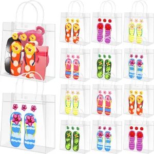 Kolldenn 36 Pcs Flip Flop Clear PVC Gift Bags with Handles Hawaiian Beach Transparent Reusable Goodie Treat Wrap Tote Bags for Summer Pool Luau Tropical Tiki Party Favor, 8 x 8 x 3.15 Inches