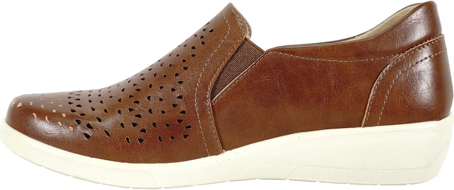KOZI Women Comfort Casual Wedge Shoe Slip-On Loafer OY Collection Round Toe Gore Removable Insole Black Brown Red White