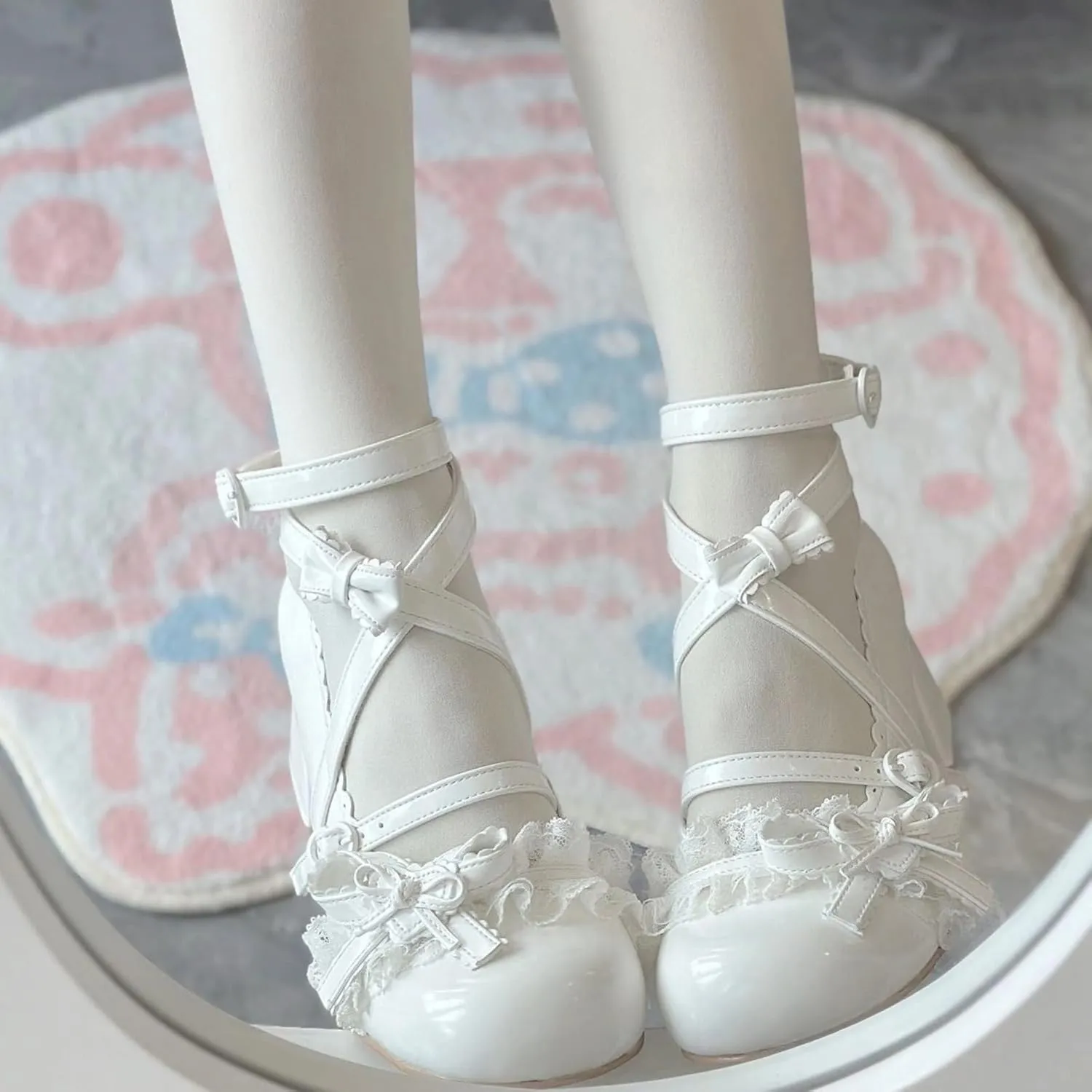 Lace Bow Platform Mary Jane Shoes for Women - Round Toe Chunky Heel