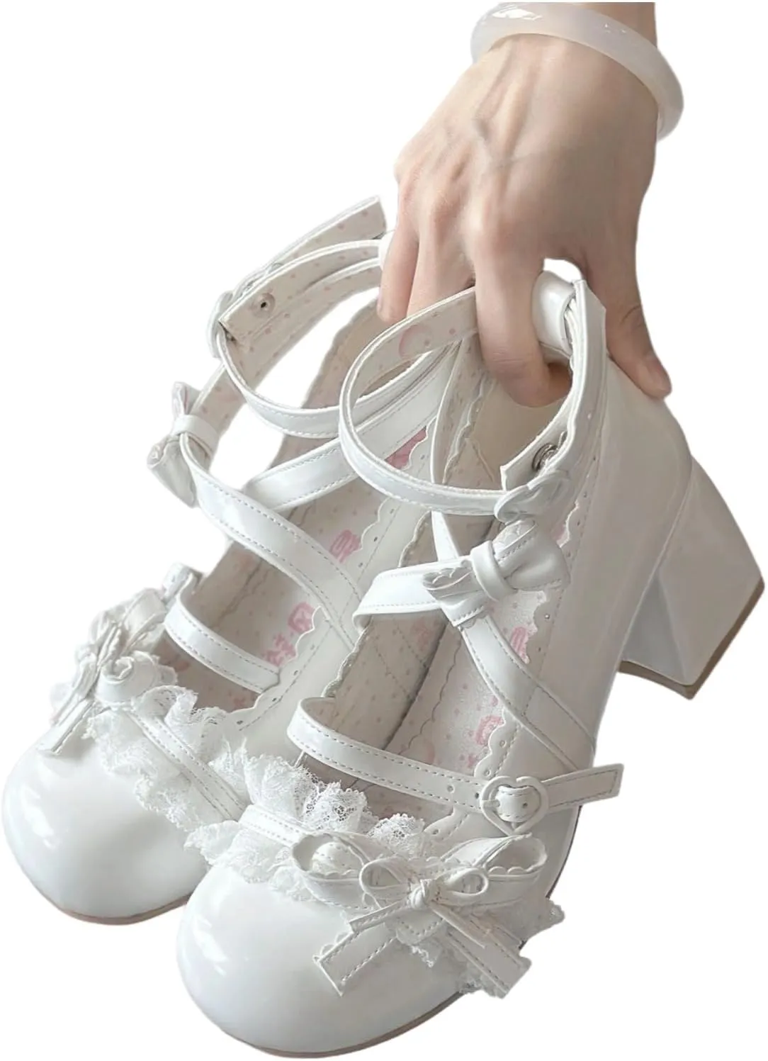 Lace Bow Platform Mary Jane Shoes for Women - Round Toe Chunky Heel