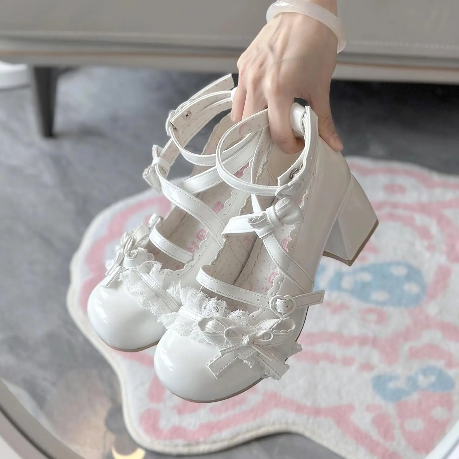 Lace Bow Platform Mary Jane Shoes for Women - Round Toe Chunky Heel