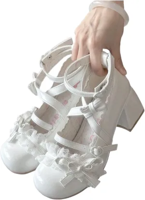 Lace Bow Platform Mary Jane Shoes for Women - Round Toe Chunky Heel