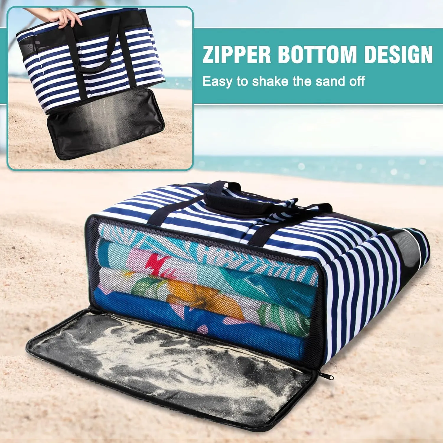 Large Beach Bag with Zipper, 12 Pockets Waterproof Sandproof Pool Bag Womens Mesh Beach Tote Bag for Travel Vacation