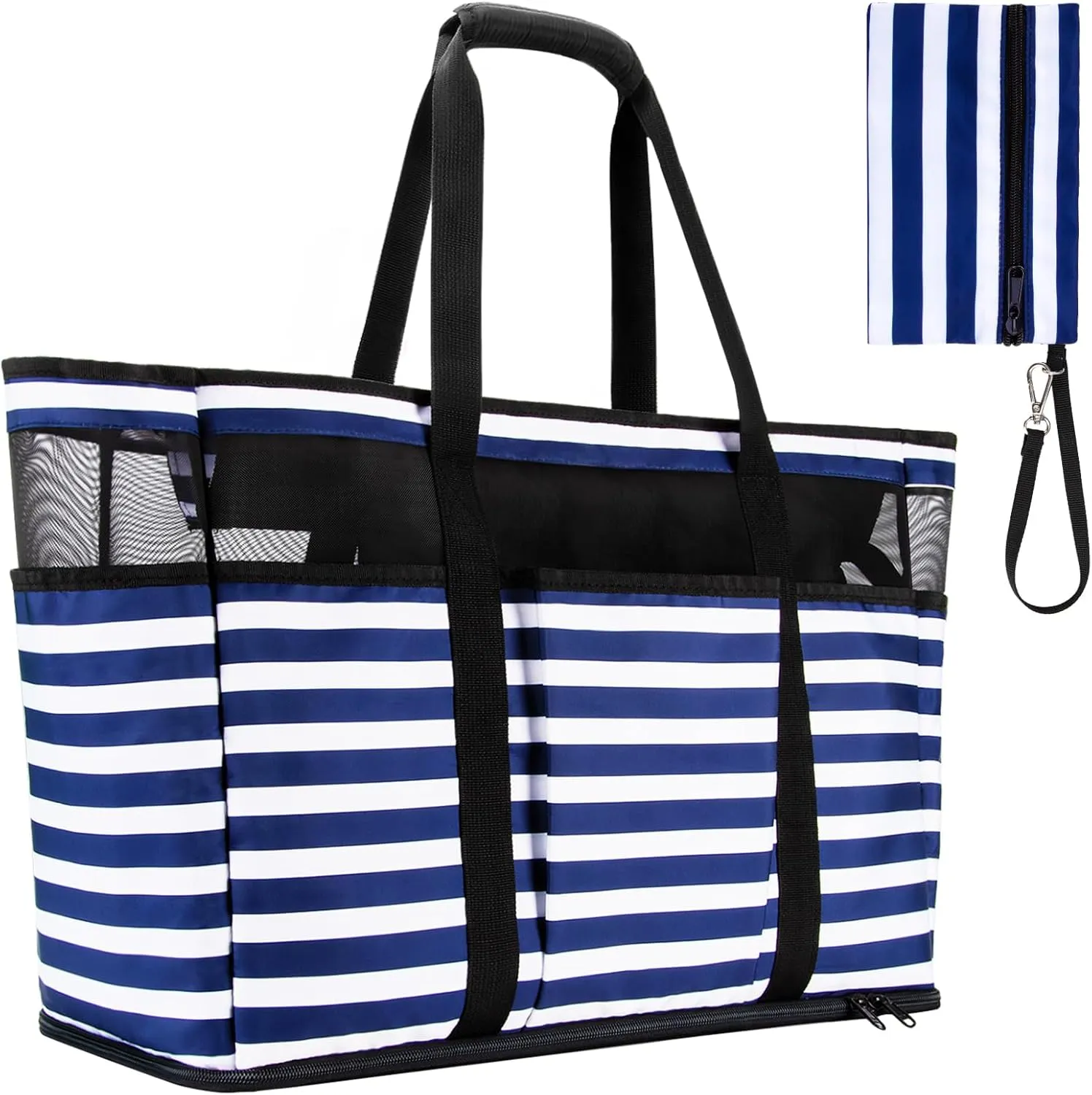 Large Beach Bag with Zipper, 12 Pockets Waterproof Sandproof Pool Bag Womens Mesh Beach Tote Bag for Travel Vacation