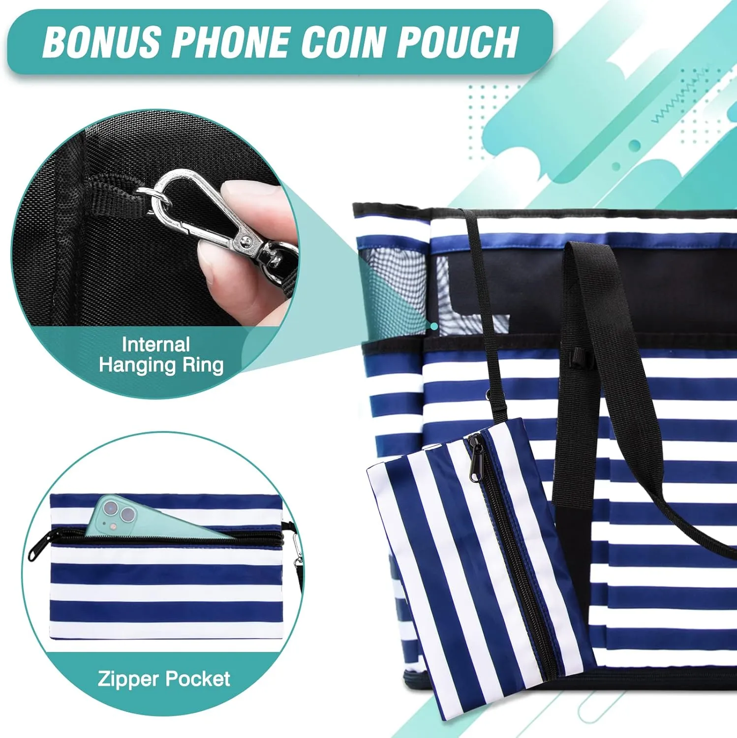 Large Beach Bag with Zipper, 12 Pockets Waterproof Sandproof Pool Bag Womens Mesh Beach Tote Bag for Travel Vacation