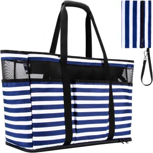 Large Beach Bag with Zipper, 12 Pockets Waterproof Sandproof Pool Bag Womens Mesh Beach Tote Bag for Travel Vacation