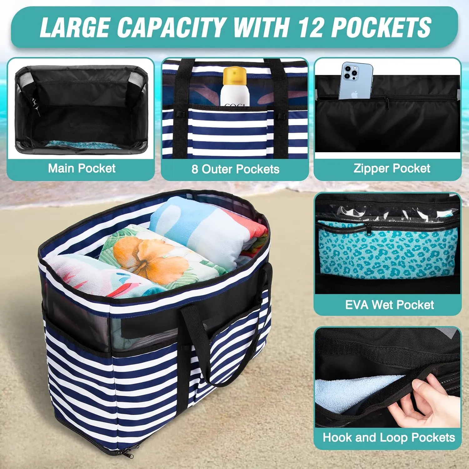 Large Beach Bag with Zipper, 12 Pockets Waterproof Sandproof Pool Bag Womens Mesh Beach Tote Bag for Travel Vacation