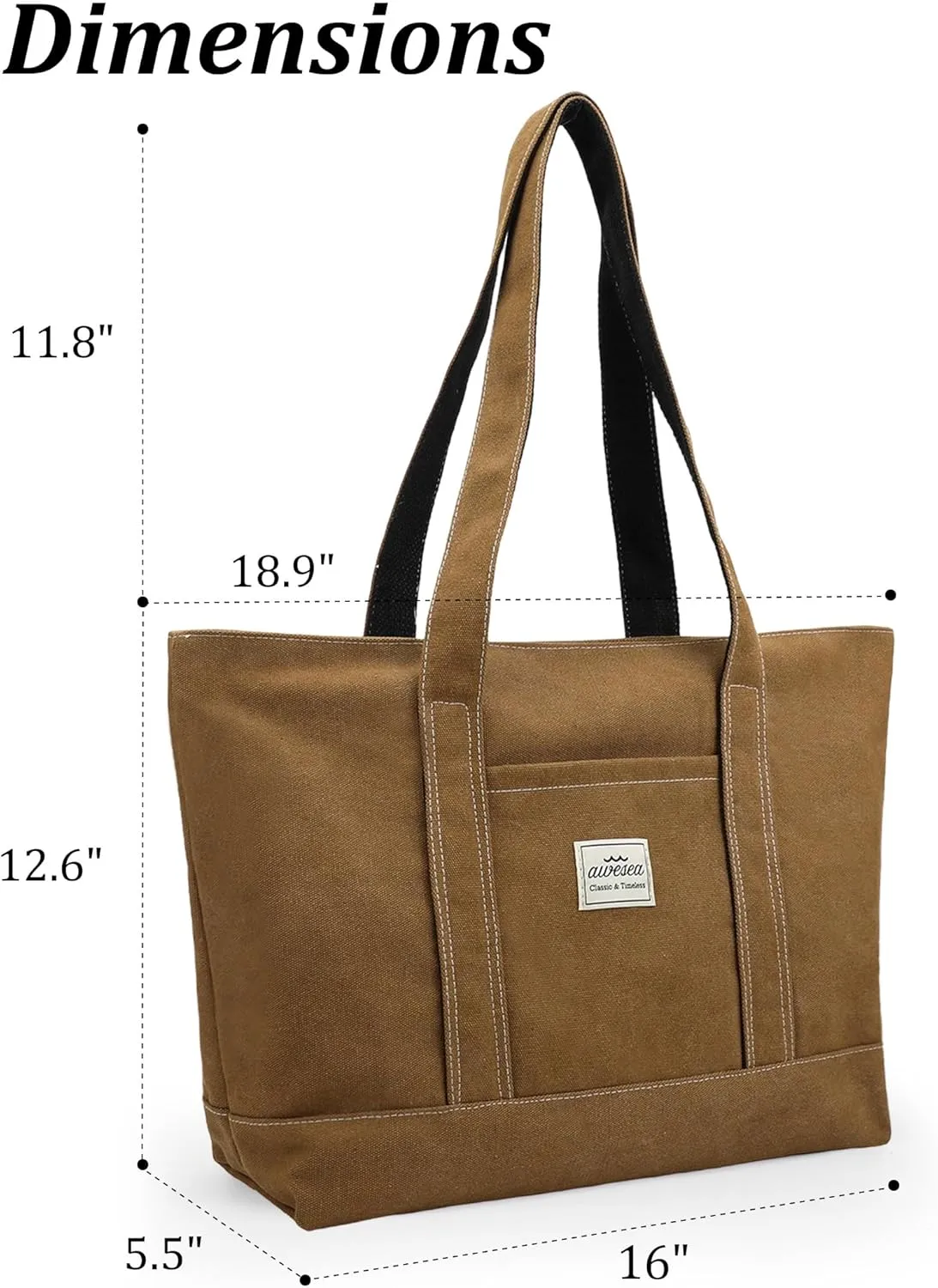 Large Canvas Tote Bag with Zipper for Women - Durable Women's Tote Purse with Front Pocket