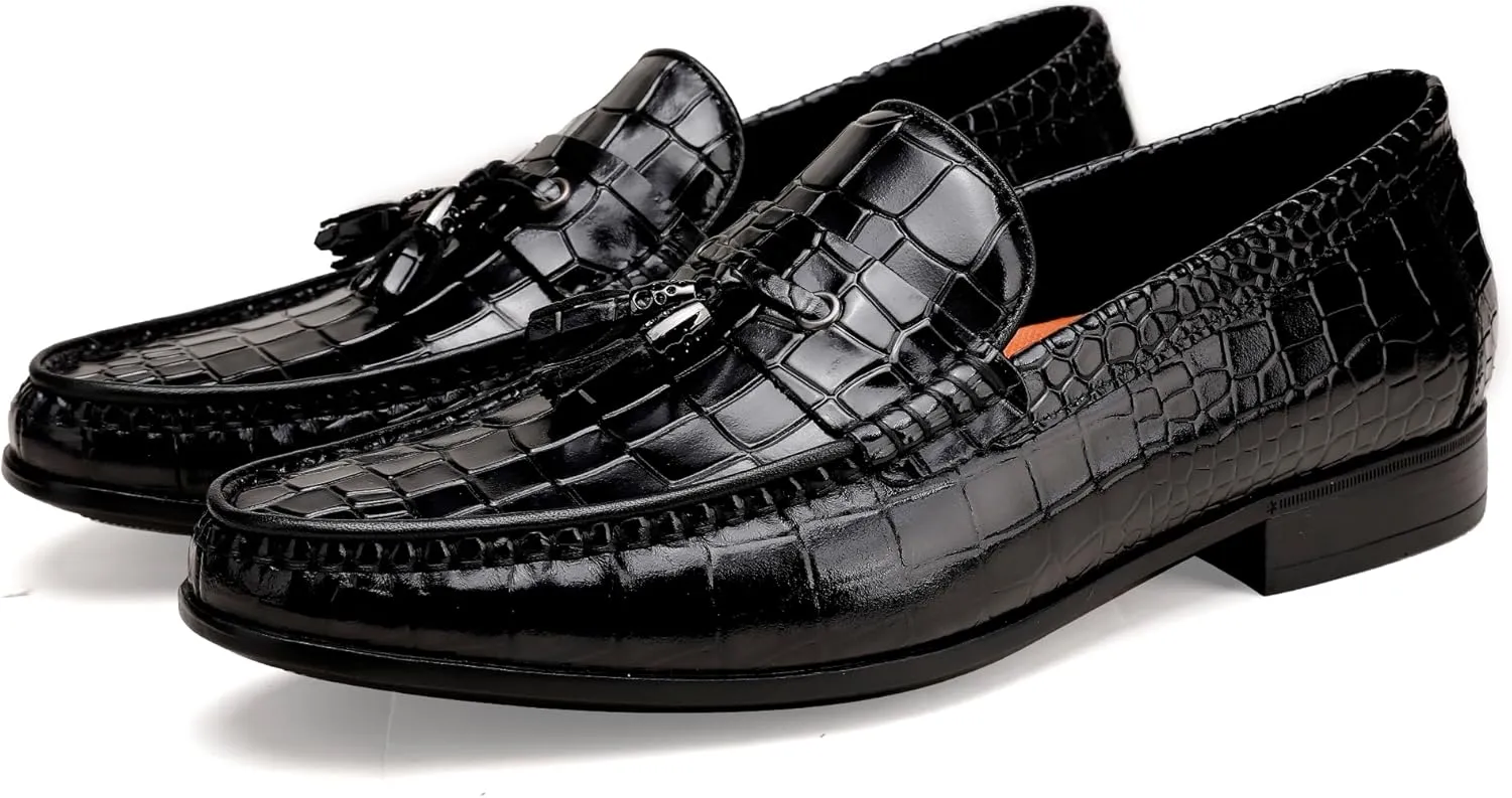 Leather Classic Tassels Loafer for Mens, Fashion Alligator Printed Tassel Dress Shoes Business Wedding Slip-on Penny Loafer Party Shoes for Men