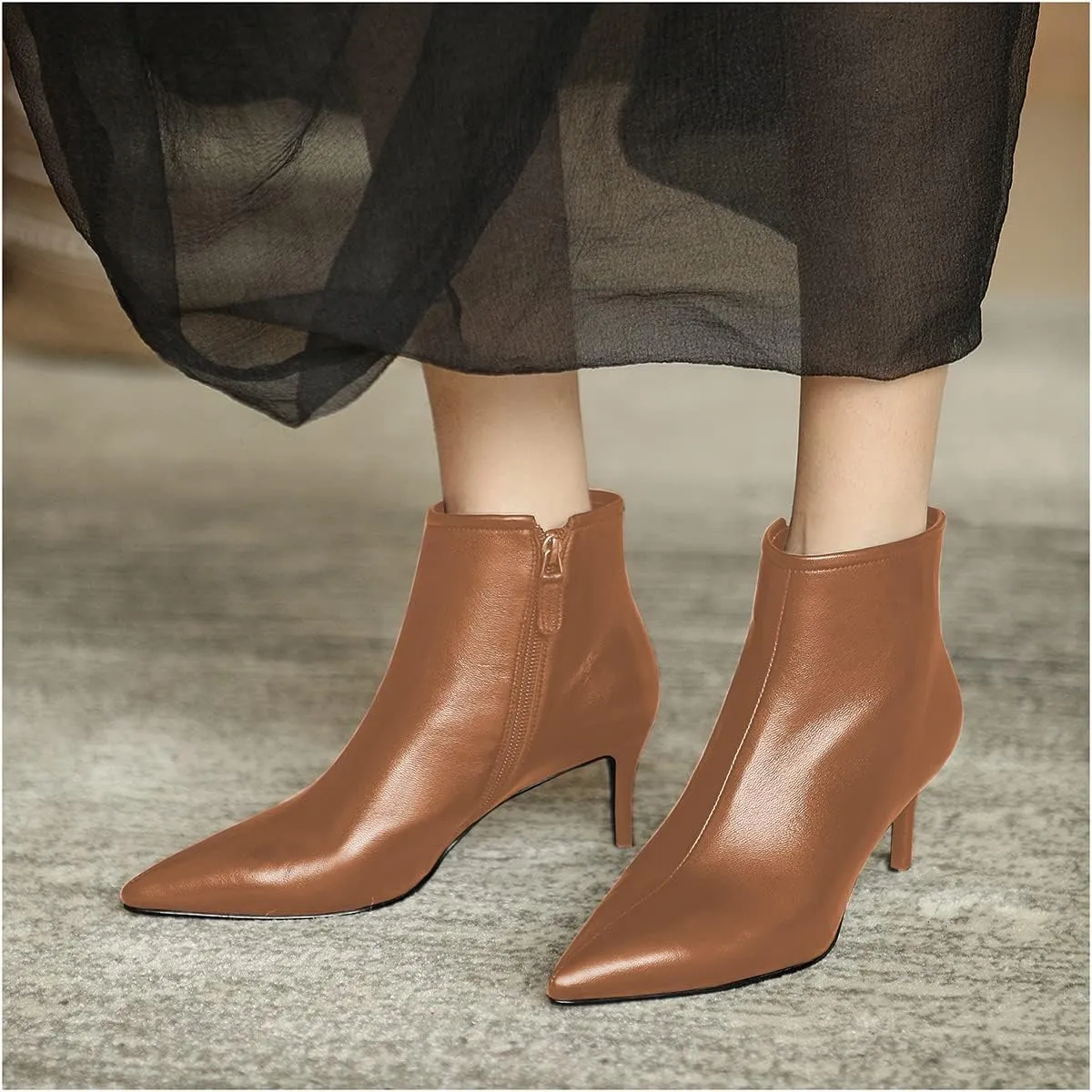 LEMUTISME Women's Stylish Pointed Toe Middle Seam Zip Up Low Kitten Heel Dressy Ankle Booties For Office Party Evening