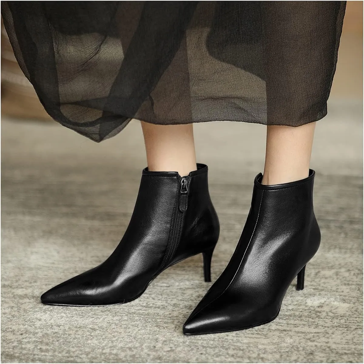 LEMUTISME Women's Stylish Pointed Toe Middle Seam Zip Up Low Kitten Heel Dressy Ankle Booties For Office Party Evening