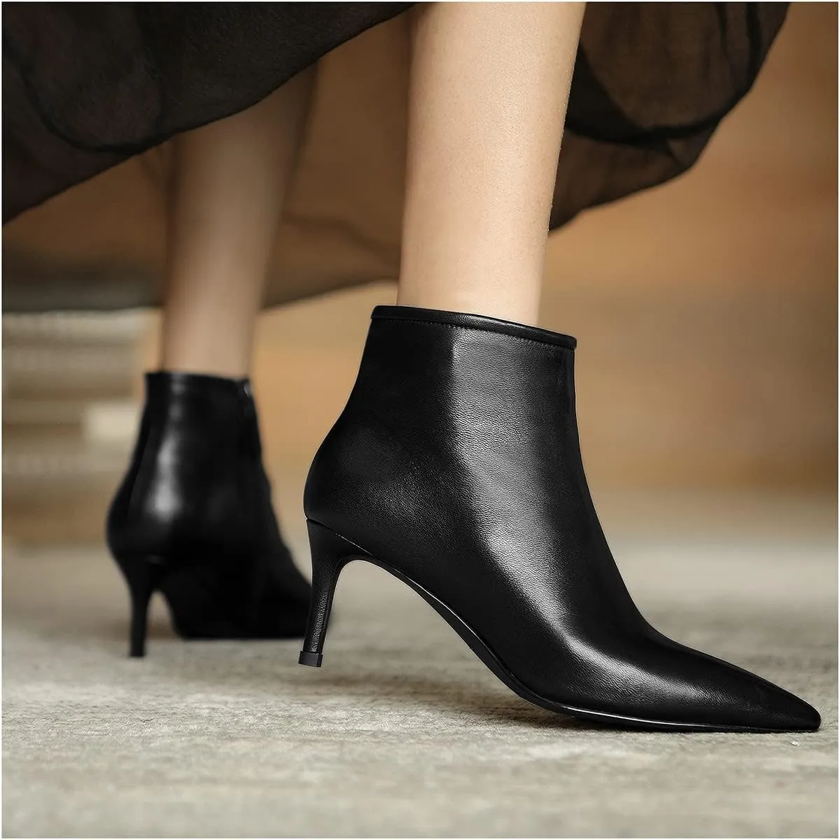 LEMUTISME Women's Stylish Pointed Toe Middle Seam Zip Up Low Kitten Heel Dressy Ankle Booties For Office Party Evening