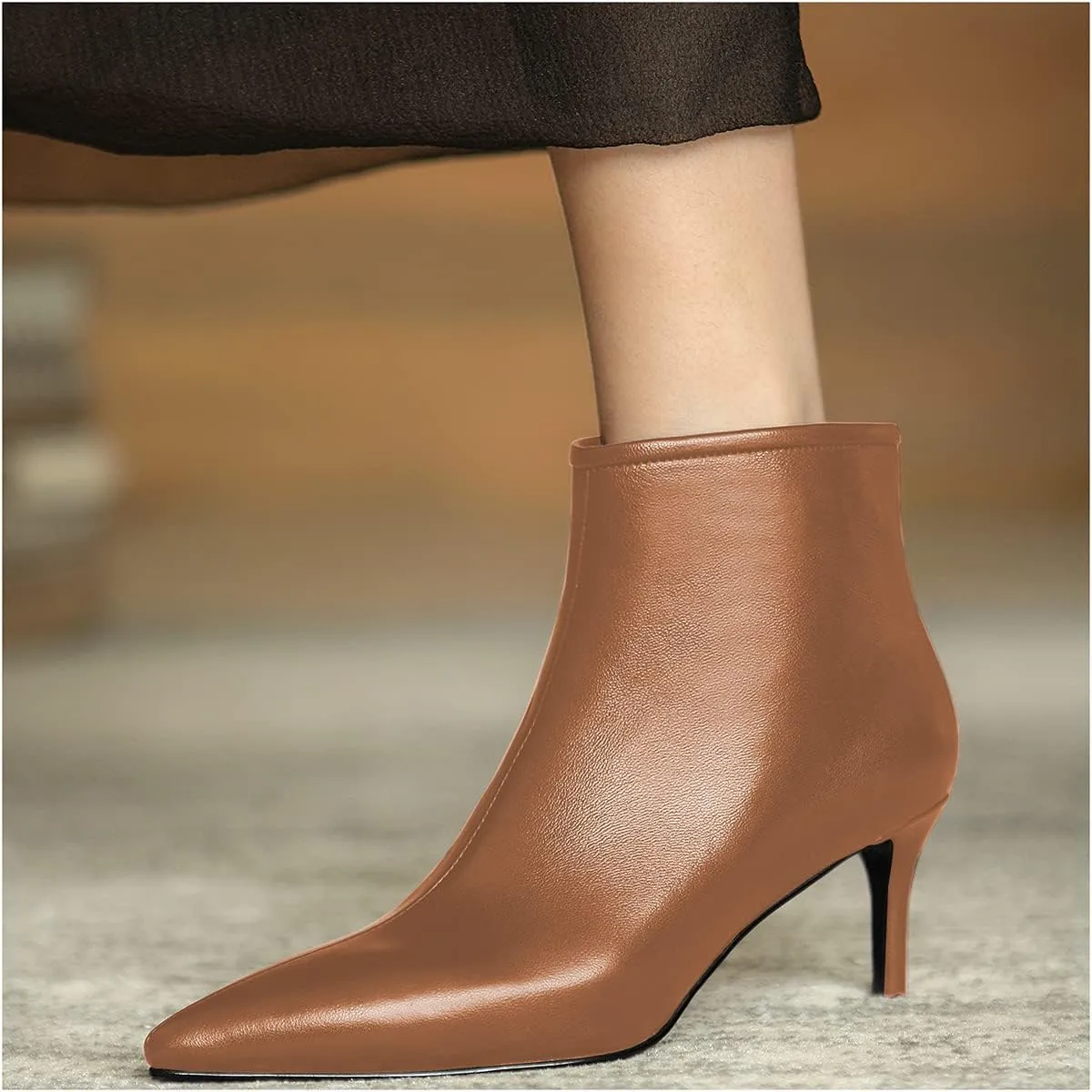 LEMUTISME Women's Stylish Pointed Toe Middle Seam Zip Up Low Kitten Heel Dressy Ankle Booties For Office Party Evening
